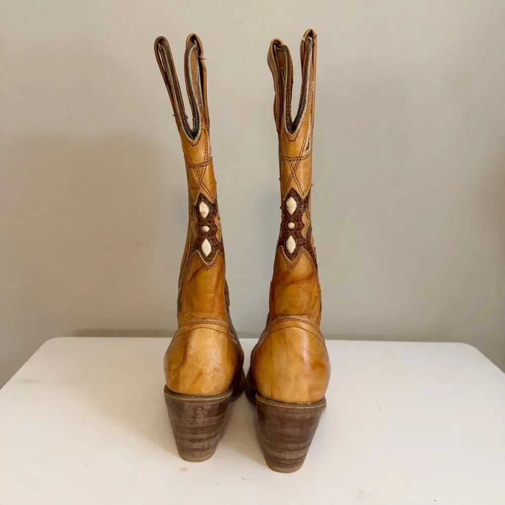 Miss Capezio Vintage Leather Inlay Western Cowboy Boots 8M Brown Festival USA
